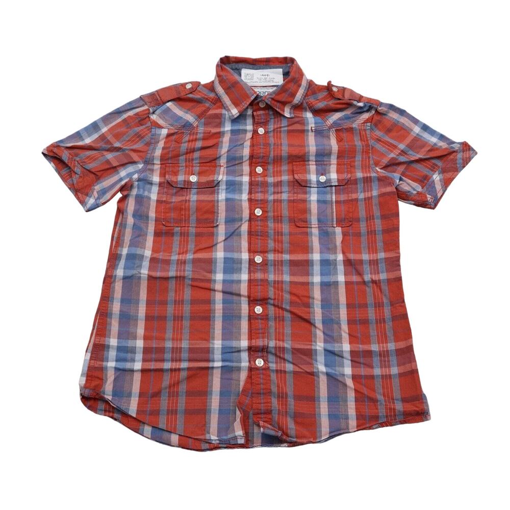 Esprit Shirt Mens S Red Slim Short Sleeve Spread Collar Plaid Pocket Button Up